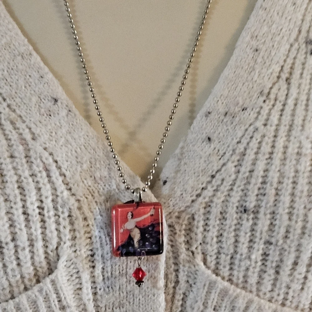 Hand Crafted vintage necklace handmade red & purple paper resin art ball chain
